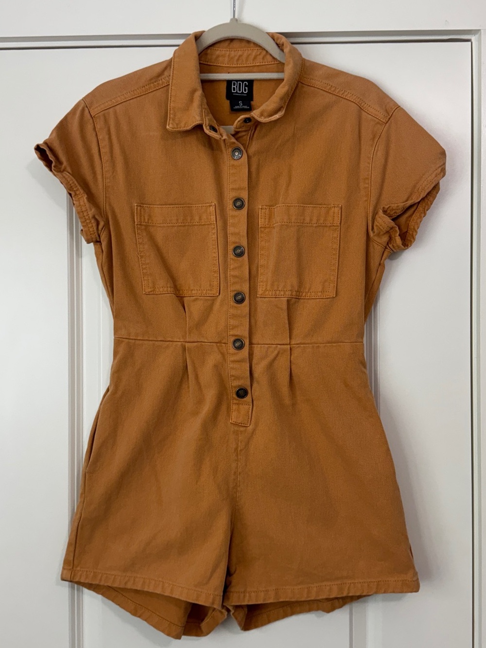 BDG Small Joey Short Sleeve Denim Romper ~ Snap Front Pockets Utility